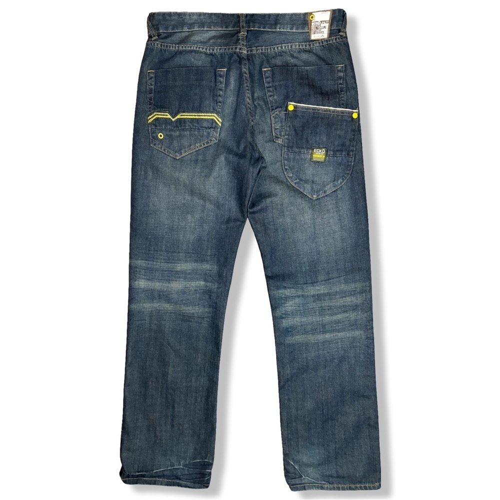 Y2K ECKO Men's Blue Jeans with Yellow Accents